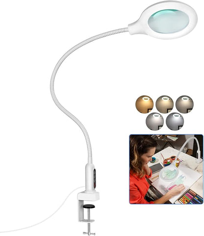 26" Gooseneck Magnifying Lamp with Clamp, 5 Color Modes Stepless Dimmable LED Desk Light with Magnifying Glass, 8X Real Glass Lighted Magnifier Hands Free for Painting Close Work Craft Hobby