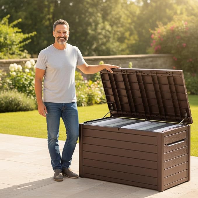 230 Gallon Deck Storage Box Outdoor Patio Container – Weather-Resistant, Lockable Outdoor Storage Solution for Patio, Garden, and Poolside (Brown)