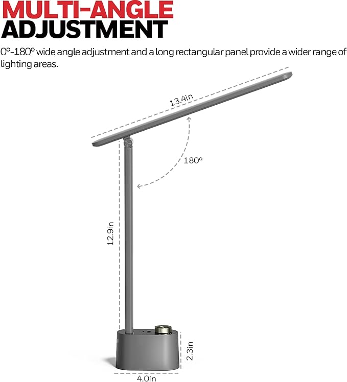 Honeywell HWT-H01 LED Desk Lamp Stepless Dimmable Table Lamp with USB A+C Dual Charging Port Eye-Caring Foldable Desk Light with 3 Color Modes for Home Office Bedroom Reading Study Sunturalux (Gray)