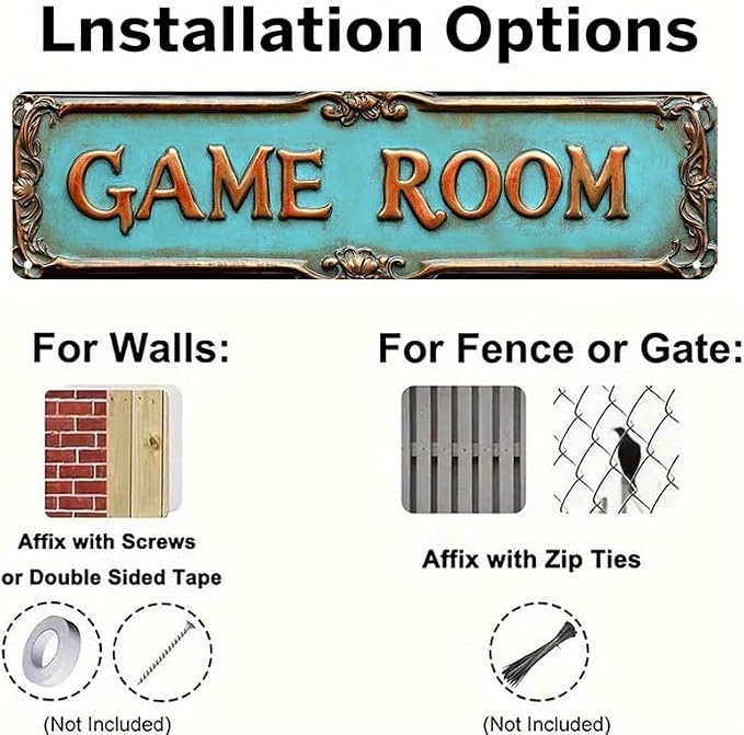 Kexle Vintage Metal Wall Decor Sign 'GAME ROOM' - 4 x 16 inches, Tin, Retro Style, Bar & Home Decor