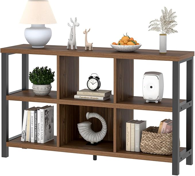 FOLUBAN 6 Cube Storage Organizer Bookshelf, Industrial Horizontal Low Cubby Bookcase for Living Room Bedroom (Rustic Walnut, 47 Inch)