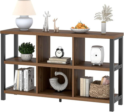FOLUBAN 6 Cube Storage Organizer Bookshelf, Industrial Horizontal Low Cubby Bookcase for Living Room Bedroom (Rustic Walnut, 47 Inch)