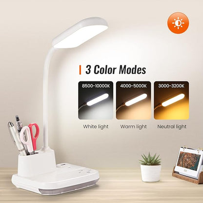 LED Rechargeable Desk Lamp, 5-in-1 Small Desk Lamp with USB Charging Port, Pen Holder, Night Light, Portable Desk Light for Home Office Student Children Kids College Dorm (White)