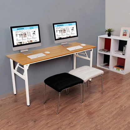SDHYL 55inchesNo Assembly Foldable Computer Desk for Home Office Workstation, Study and Writing, Teak Board and White Leg