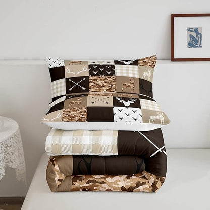 Antler Silhouette Kids Comforter Set Queen Size,Camo Brown Rustic Bedding Set,Girls Boys Adults Bedroom/Xmas Decor,Geometric Plaid Patchwork Down Comforter,Arrows Boho Duvet Insert,3pcs,2 Pillowcases