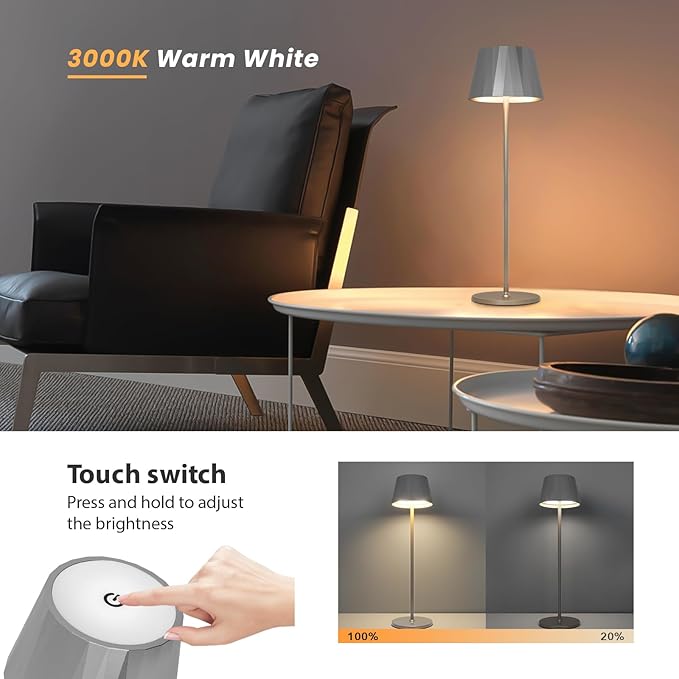 Modern LED Cordless Waterproof Table Lamp,5200mAh Touch Dimmable Desk Lamp,Rechargeable Battery Powered Night Light for Indoor/Outdoor Dining (Silver, 3000K, Warm White)