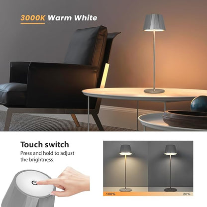 Modern LED Cordless Waterproof Table Lamp,5200mAh Touch Dimmable Desk Lamp,Rechargeable Battery Powered Night Light for Indoor/Outdoor Dining (Silver, 3000K, Warm White)