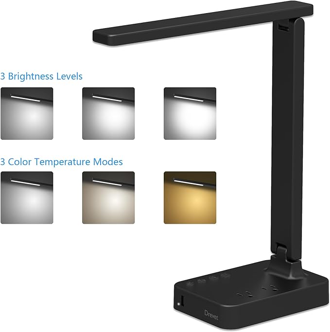 Drevet LED Desk Lamp, Desk Light with 1 USB Charging Port and 2 AC Power Outlet, 3 Lighting Modes, 3 Level Brightness,1H Timer, Touch Control, Eye-Caring Home Office Foldable Table Lamp (Black)