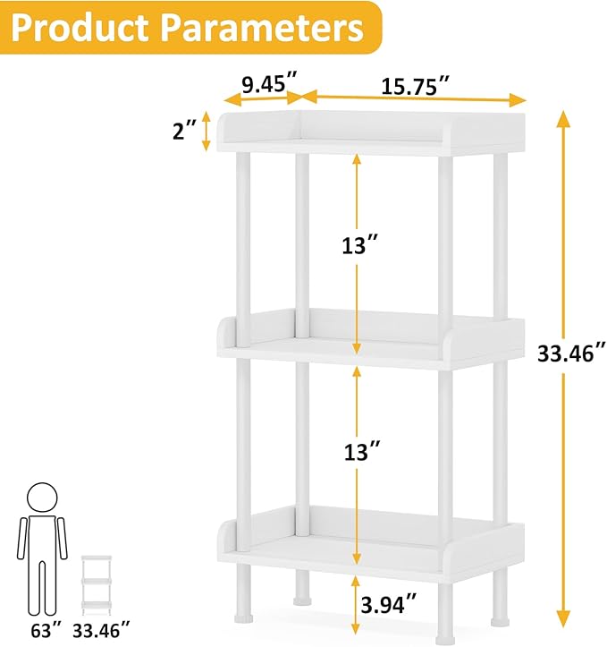 Bookshelf Small Book Shelf - 3-Tier Wood Bookcase Industrial Bookshelf with Edge Protection Metal Standing Book Shelves Display Book Rack for Living Room Bedroom Home Office (White)