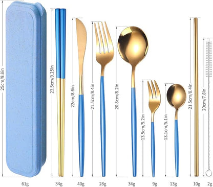 AARAINBOW 8 Pieces Stainless Steel Flatware Set Portable Reusable Cutlery Set Travel Utensils Set Including Chopsticks Knife Fork Spoon Straws Cleaning Brush Dishwasher Safe (Blue Golden)