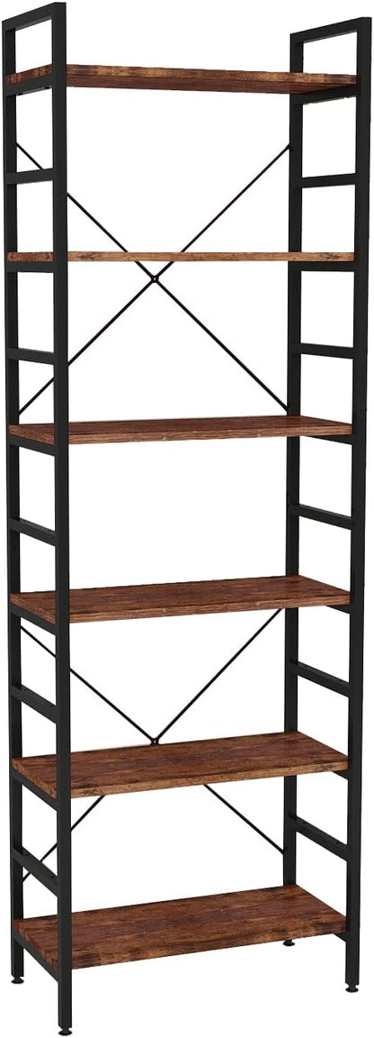 6 Tier Industrial Bookcase Shelf,Tall Bookshelf Industrial Corner Storage Organizer for Bedroom/Living Room/Home Office - Rustic Brown Modern Book Shelf for Books and Movies