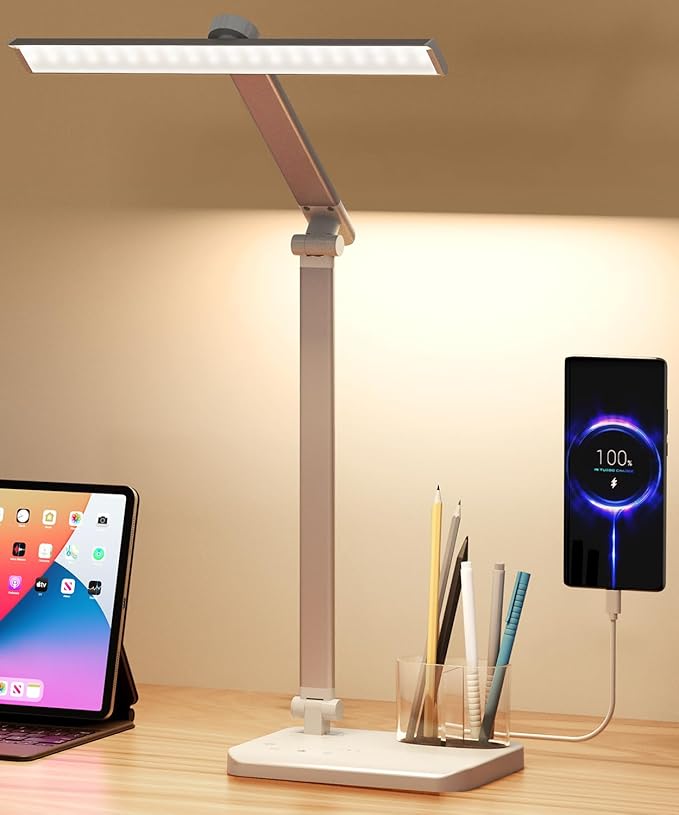 LED Desk Lamp with USB Charging Port, Eye-Caring Table Lamp, Touch Control Dimmable 5 Color Modes, 45 Min Auto-Off Timer, Foldable Study Desk Light for Home Office College Dorm & Reading