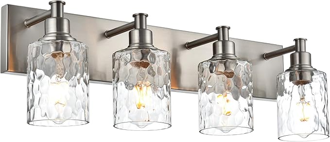 BONLICHT 4-Light Bathroom Vanity Light Fixture Brushed Nickel Industrial Wall Sconce Lighting with Hammered Glass Shade for Living Room Bedroom Hallway Porch Workshop Dressing Table