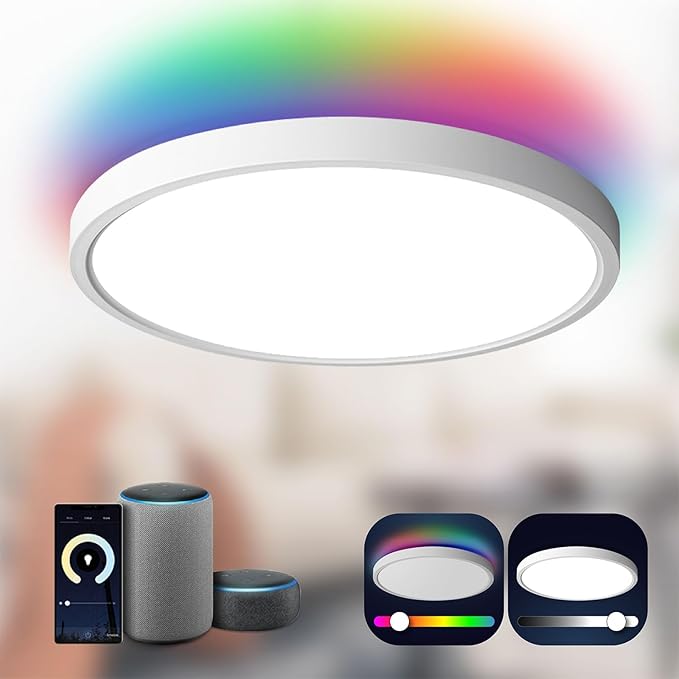 TALOYA Smart Ceiling Light Flush Mount LED WiFi,Compatible with Alexa Google Home,Dimmable Low Profile Ambient Light Fixture for Bedroom Living Room Hallway Kitchen Nursery,12 Inch,RGB