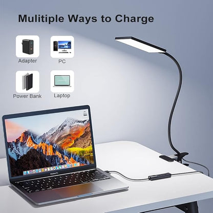 LED Desk Lamp with Clamp for Home Office, Dimmable Clip on Desk Light with USB Port, 3 Color Modes 11 Brightness Flexible Gooseneck Reading Lamp for Studying Working, Black