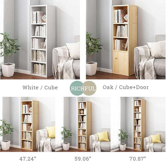 IOTXY Small Narrow Corner Bookcase - 71 Inches Tall Gap Freestanding Storage Cabinet, 8 Lattices Open Shelves Tower Rack, Cubes Bookshelf in Oak