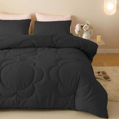 Black Flower Comforter Twin Black Flower Print Bed Twin Comforter Set 3 Pieces Dark Black Floral Comforter Set for Boys Girls Teens Bedroom Decor All Season Hotel Quality Comforter Set