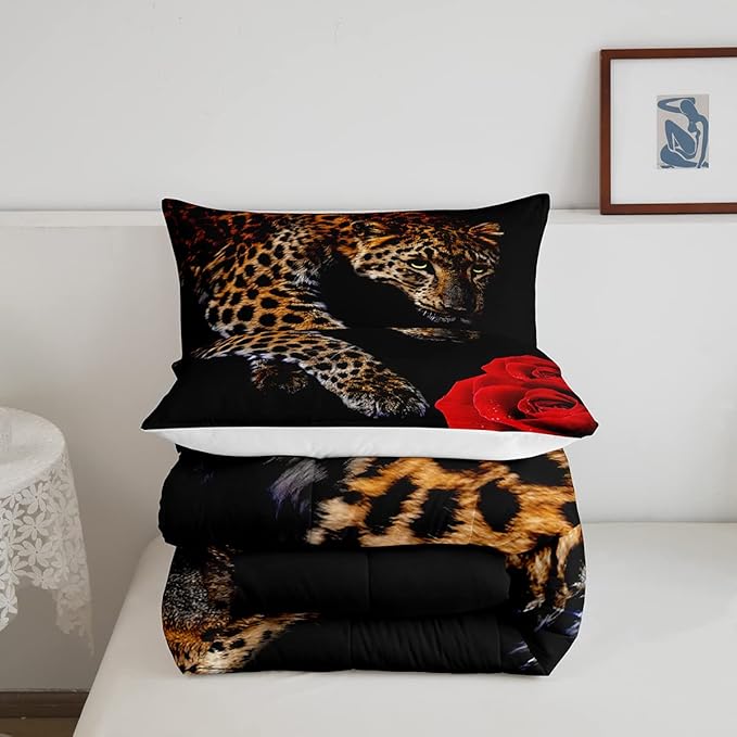 Erosebridal Leopard Comforter Set Twin Size,Red Rose Cheetah Bedding Set,Cat Leopard Print Down Comforter, Romantic Floral Quilted Duvet, Safari Animal Quilt Set, Stylish Bedroom Decor, Black