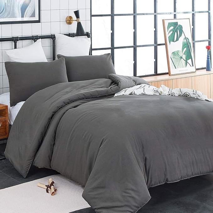 Deep Grey Comforter Set Full Dark Gray Beddig Set for Kids Teens Adult Solid Gray Color Bedding Set 3 Pieces with 2 Pollowcases Lightweight Durable Gray Full Blanket Quilts Set