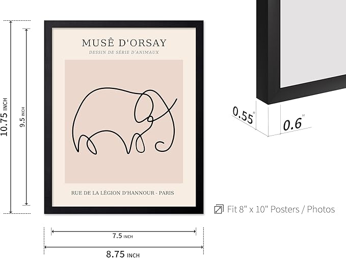 Poster Master Vintage Poster - Retro One Line Elephant Drawing Print - Elephant Art - Minimal Gift for Men, Women, Animal Lover - Abstract Wall Decor for Home, Office, 8x10 Black Framed