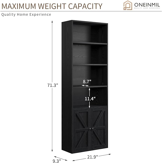oneinmil 6 Tier Bookshelf and Bookcase, Wooden Bookshelves with Cabinet Doors, Floor Bookshelves and Office Storage Cabinets for Home Office, Living Room,Black