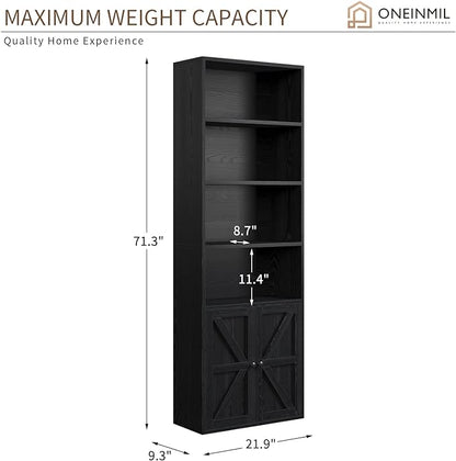 oneinmil 6 Tier Bookshelf and Bookcase, Wooden Bookshelves with Cabinet Doors, Floor Bookshelves and Office Storage Cabinets for Home Office, Living Room,Black