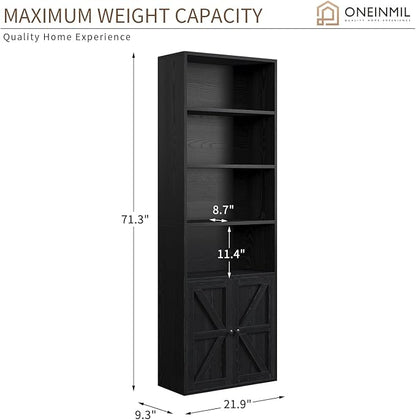oneinmil 6 Tier Bookcase Set of 2,Wooden Bookshelves with Cabinet Doors, Floor Bookshelf and Office Storage Cabinets for Living Room,Black