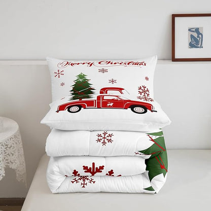 Christmas Tree Comforter Set Queen Size Red Truck Bedding Set Boys Girls Red Xmas Gift Snowflakes Comforter for Teens Bedroom Decor Elk Deer Christmas Decorations Bedding Duvet Set