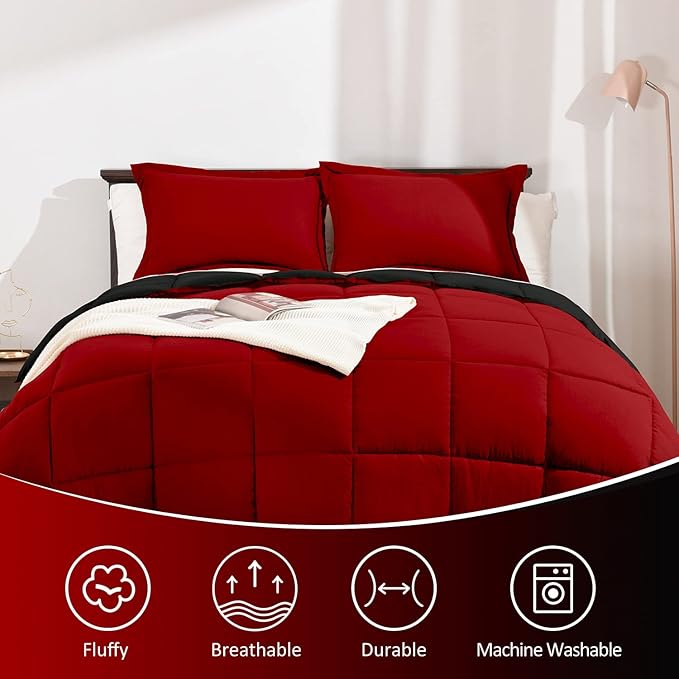 Basic Beyond Twin Comforter Set for Girls and Boys - Fluffy Twin Bed Comforter Set for All Seasons - Reversible Kids Twin Comforter Set - 2 Pieces (1 Comforter + 1 Pillow Sham) - Red/Black