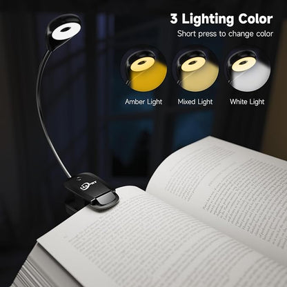 2 PACK Book Lights for Reading in Bed, 12 LEDs Rechargeable Clip Lamp with 3 Lighting Color, Stepless Dimming, Eye Protection, 80 Hours Runtime, 360° Flexible Gooseneck, Lightweight, Portable