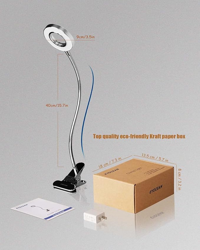 LED Reading Light, Dimmable Clamp Light for Bed Headboard, Bedroom, Office, 3 Modes & 9 Dimming Levels, Flexible Clip Desk Lamp, Adapter Included (Mattesilver)