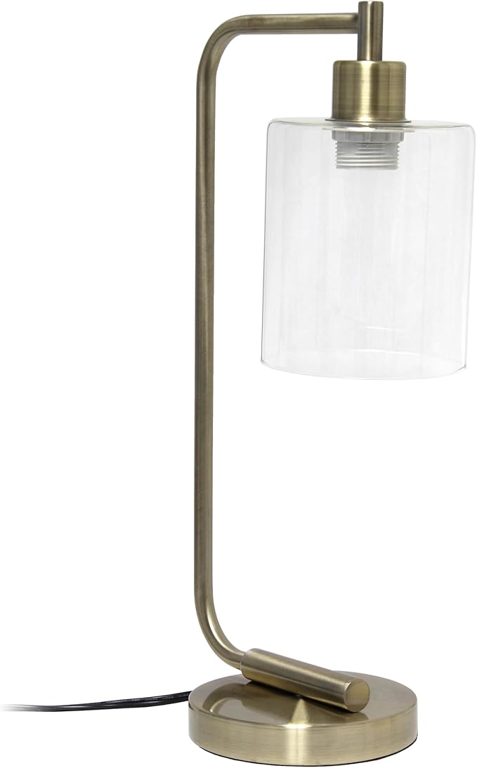 Simple Designs LD1036-ABS-LB 18.8" Industrial Bronson Antique Style Iron Lantern Desk Table Lamp with Glass Shade for Office, Living Room, Bedroom, Antique Brass, with Feit LED Bulb Included