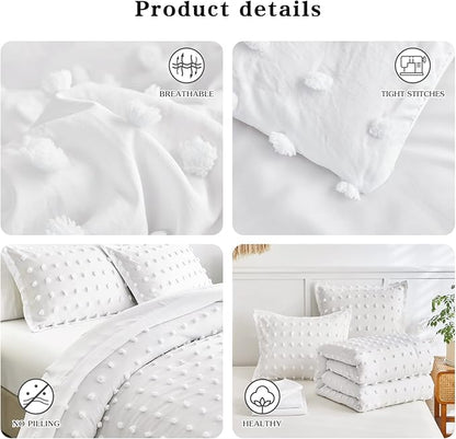 7 Pieces Tufted Dots Bed in a Bag King Comforter Set with Sheets White , Soft and Embroidery Shabby Chic Boho Comforters, Solid Color with Pom Pom Design, Jacquard Tufts Bedding Set for All Season