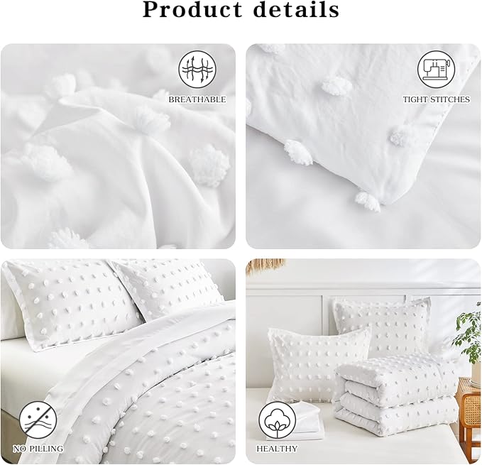 6 Pieces Tufted Dots Bed in a Bag Twin Comforter Set with Sheets White , Soft and Embroidery Shabby Chic Boho Bohemian Comforters, Solid Color with Pom Pom Design, Jacquard Tufts Bedding Set for Kids