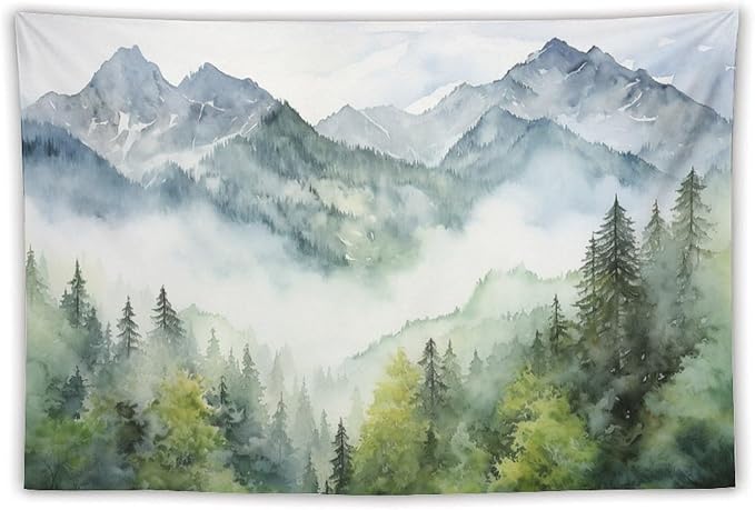 HZOHNAGO Mountain Tapestry Misty Green Forest Mountain Pattern Printed Wall Tapestry Wall Hanging for Bedroom Living Room Dorm 90" W x 60" H