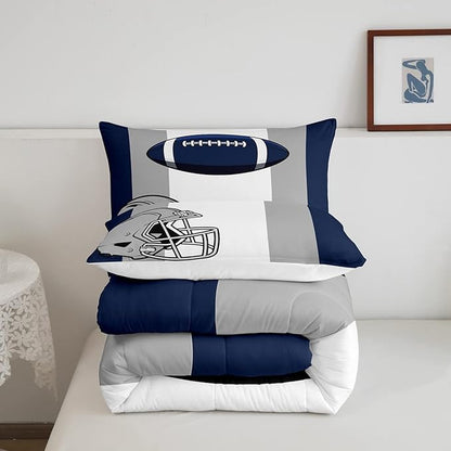 Feelyou Kids Football Comforter Set Queen Size Rugby Sports Bedding Set for Boys Teens Decor Soccer Ball Game Comforter American Football Grey Blue Duvet Set Quilt 3Pcs Boys