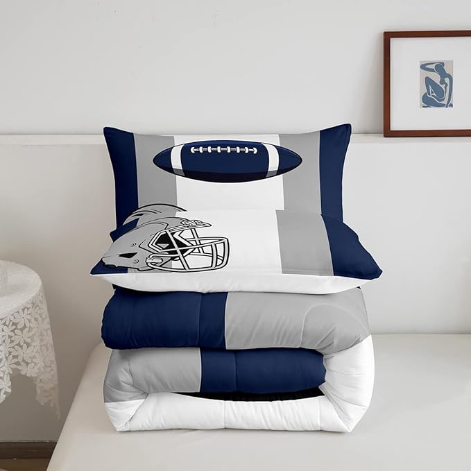 Feelyou Kids Football Comforter Set Twin Size Rugby Sports Bedding Set for Boys Teens Decor Soccer Ball Game Comforter American Football Grey Blue Duvet Set Quilt 2Pcs Boys