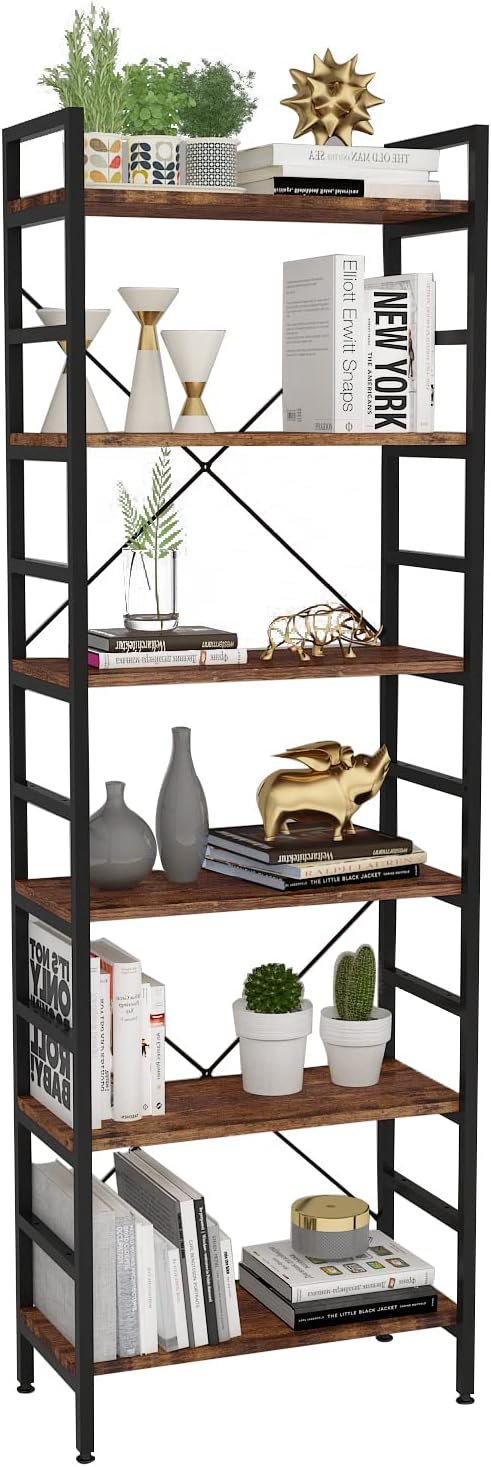 6 Tier Industrial Bookcase Shelf,Tall Bookshelf Industrial Corner Storage Organizer for Bedroom/Living Room/Home Office - Rustic Brown Modern Book Shelf for Books and Movies