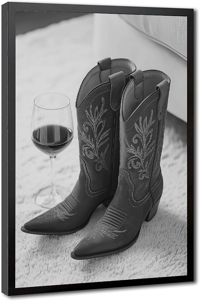 Cowboy Boots And Red Wine, Western Aesthetic, Black And White, Modern Fashion Poster Canvas Poster Wall Art Decor Print Picture Paintings for Living Room Bedroom Decoration Black Frame 12x18in(30x45cm