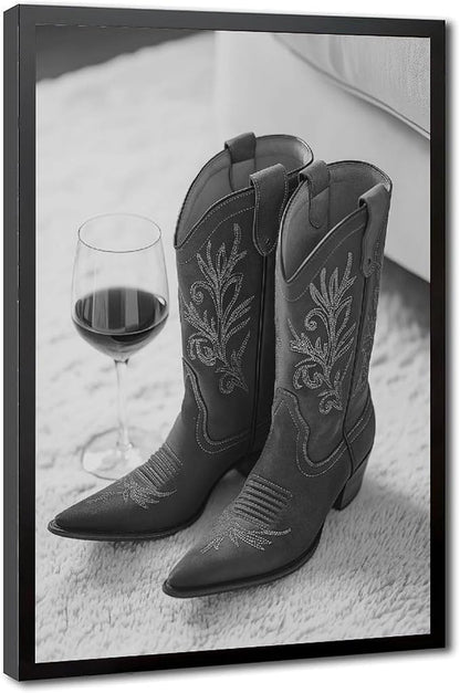 Cowboy Boots And Red Wine, Western Aesthetic, Black And White, Modern Fashion Poster Canvas Poster Wall Art Decor Print Picture Paintings for Living Room Bedroom Decoration Black Frame 12x18in(30x45cm