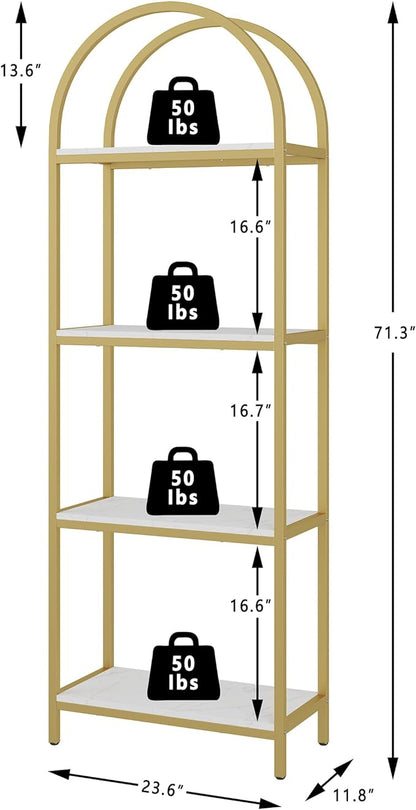 Yusong Bookshelf 4 Tier Arched Bookcase, 71.3" Tall Industrial Open Book Shelves for Living Room, Modern Freestanding Display Shelving Storage Rack Metal Frame, Office, Bedroom,Gold White
