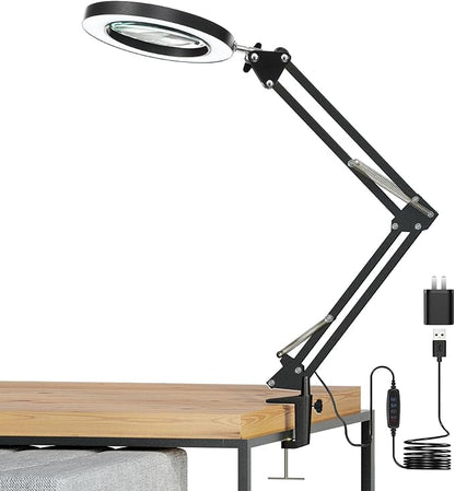 HITTI 5X Magnifying Glass with Light with Clamp, 3 Color Modes Stepless Dimmable Magnifying Lamp, 72 LEDs Real Glass Lens Magnifier with Light and Stand for Close Work Craft Hobby Reading Workbench