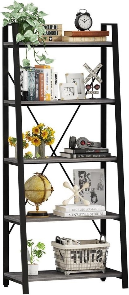 BON AUGURE 5-Tier Ladder Shelf, Industrial Leaning Bookcase, Wood and Metal Ladder Bookshelf for Living Room, Bedroom, Kitchen, Home Office (Grey Oak)