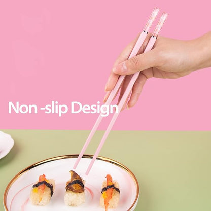 Pink Fiberglass Chopsticks, Reusable, Dishwasher Safe, Non-slip, 5 Pairs | Premium Japanese Chinese Sakura Design, Lightweight, 9.6 inches, Food-Grade, Durable, Heat-Resistant for Sushi Ramen