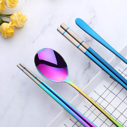 Buyer Star 4 color Square Chopsticks and Spoons Set Metal Stainless Steel Spoons Chopsticks Set