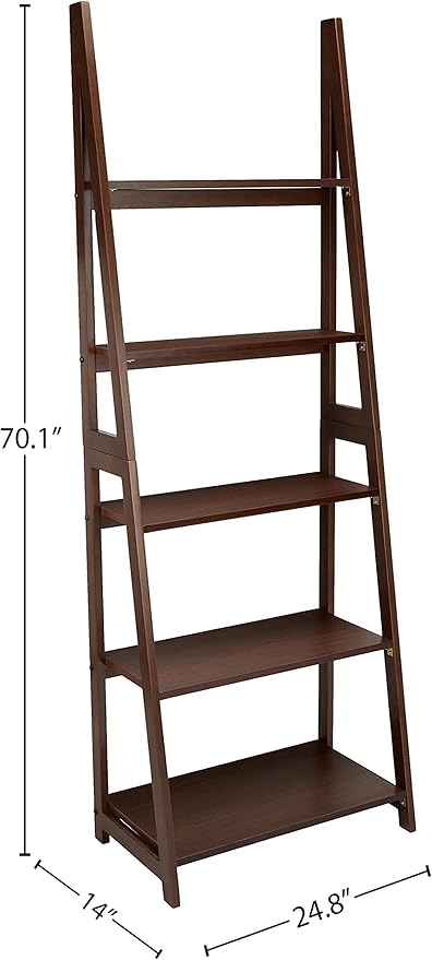 Amazon Basics Modern 5-Tier Ladder Bookshelf Organizer, Solid Rubberwood Frame, Walnut Finish, 14" D x 24.8" W x 70.1" H