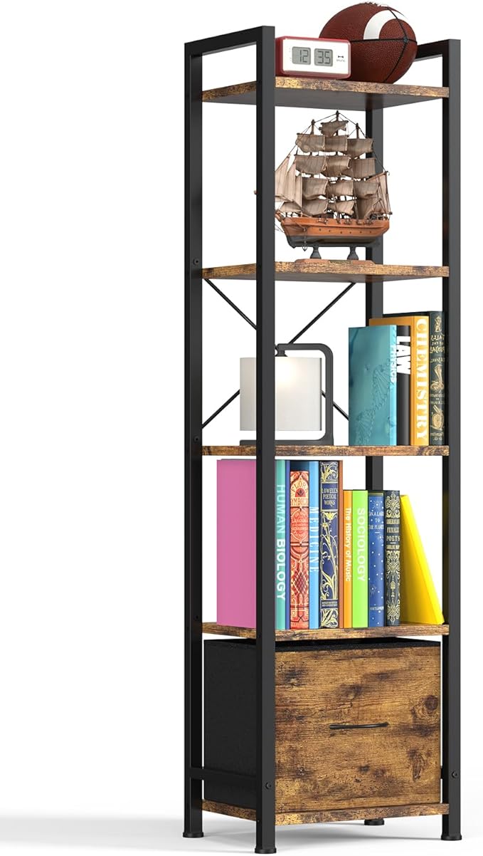 Narrow-Bookshelf-With-Storage-Drawer, 5-Tier Small Standing Book Shelf Organizer For Small Space, Tall Thin Bookcase Shelf For Bedroom Living Room Office, Wooden Shelving Unit Rack For Display