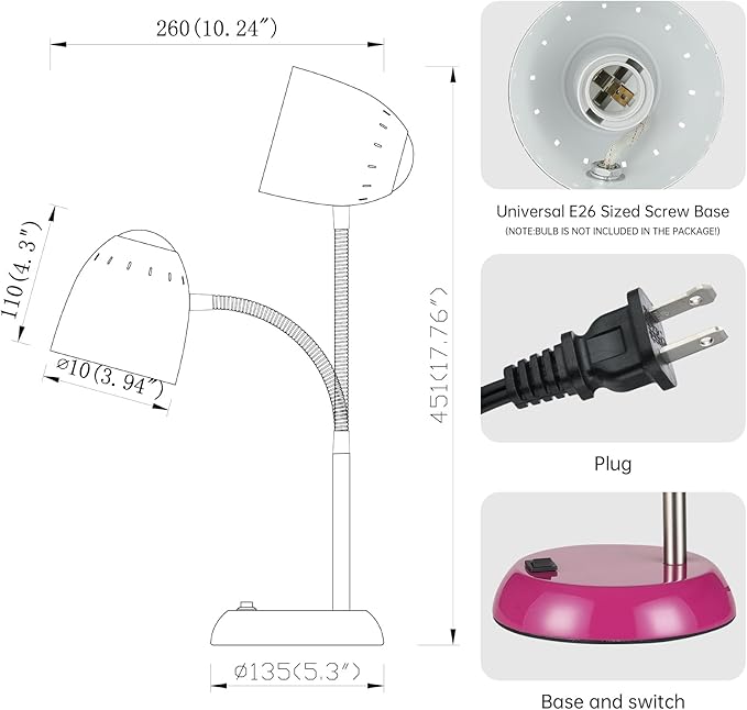 Eye-Caring Table Lamp of Simple Designs Home E26 Led Screw Basic Metal Desk Lamp with Flexible Gooseneck Hose Neck Study Lamp for Bedroom Office Living Room Convenient On/Off Switch (Purple)