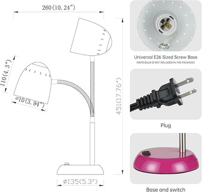 Eye-Caring Table Lamp of Simple Designs Home E26 Led Screw Basic Metal Desk Lamp with Flexible Gooseneck Hose Neck Study Lamp for Bedroom Office Living Room Convenient On/Off Switch (Purple)