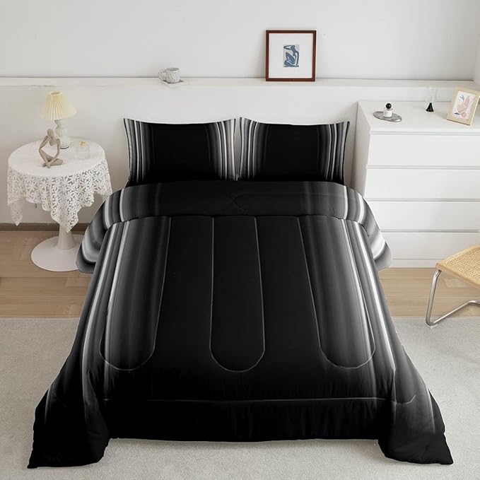 Feelyou Geometric Abstract Ombre Bedding Set Men Adults Teens Grey Gray and Black Striped Comforter Set Kids Boys Girls Simple Modern Quilt Setwith 2 Pillowcases 3Pcs Bedding Queen